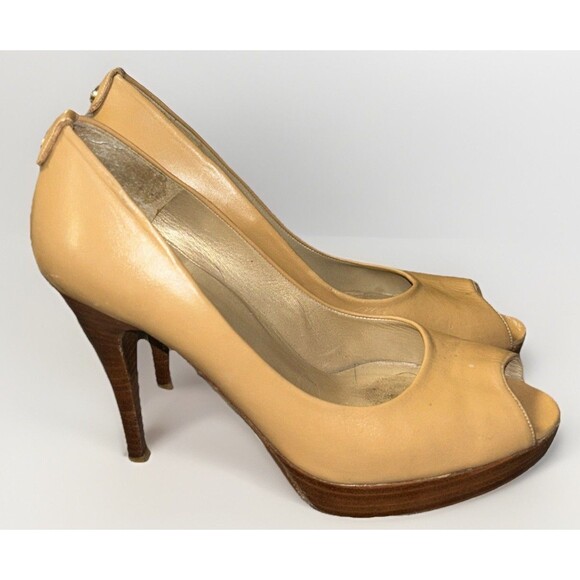 Stuart Weitzman Peep Toe Leather Platform Pumps Heels Tan Wood Size 8 - Picture 3 of 10